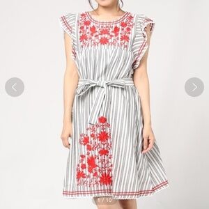 Kate Spade | Broome Street Red Floral Embroidered Stripe Tie Waist Dress, Size M